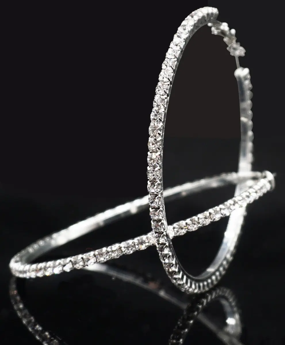 Bienvenu 60mm Rhinestone Plated Silver Hoop Earrings Big Circle Earrings | Sparkling Night Party Jewelry - view 6