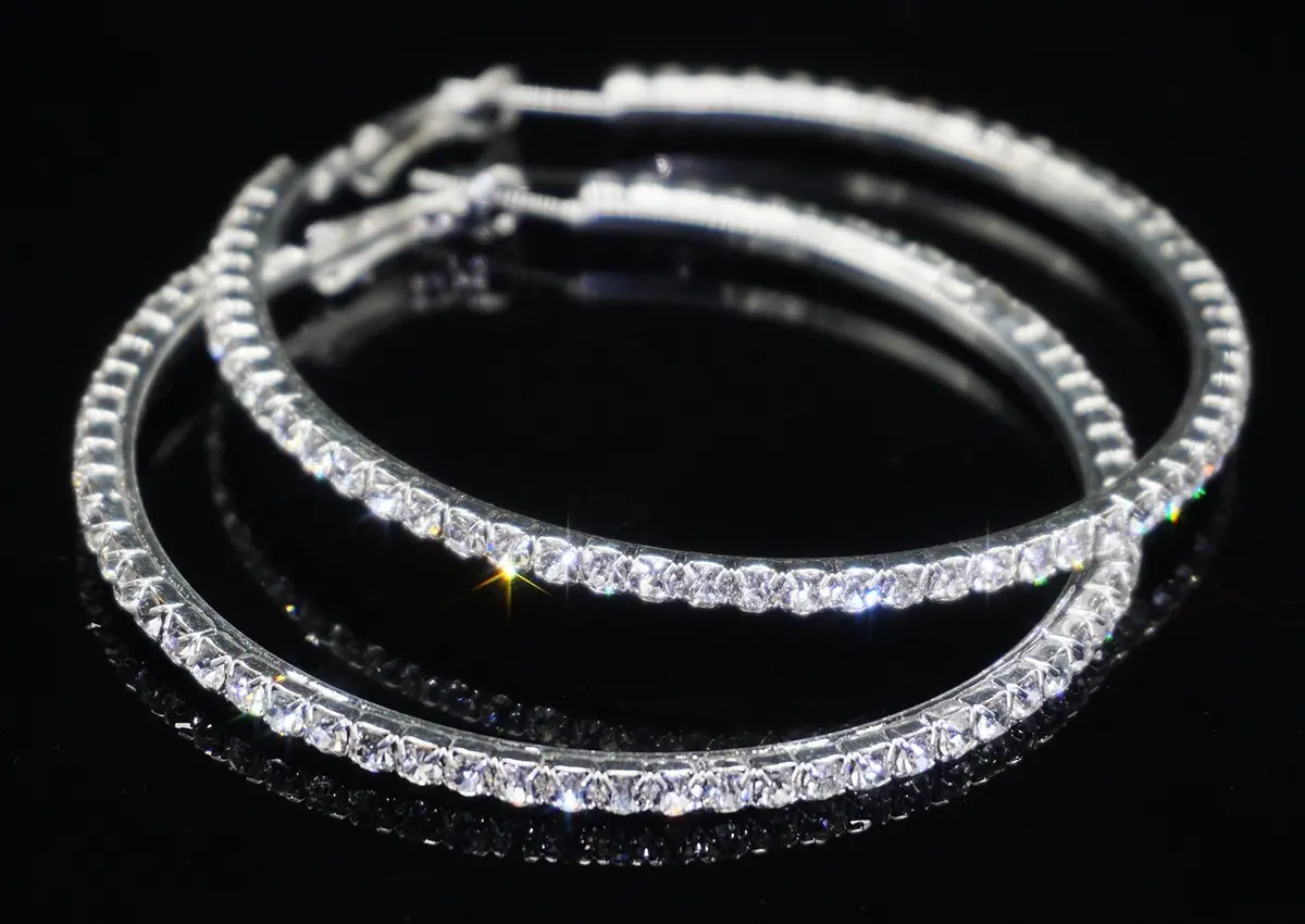 Bienvenu 60mm Rhinestone Plated Silver Hoop Earrings Big Circle Earrings | Sparkling Night Party Jewelry - view 7