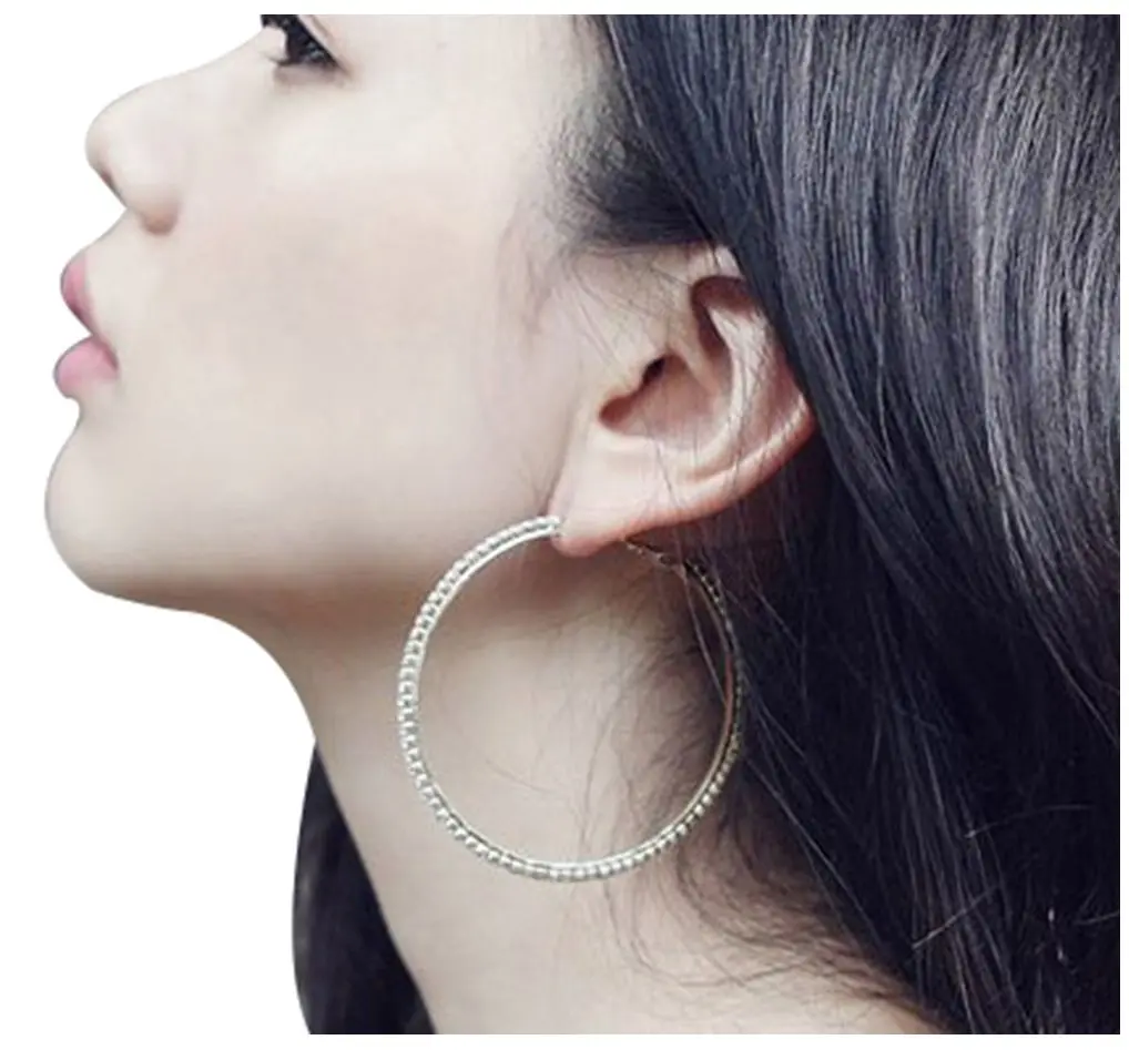 Bienvenu 60mm Rhinestone Plated Silver Hoop Earrings Big Circle Earrings | Sparkling Night Party Jewelry - view 4