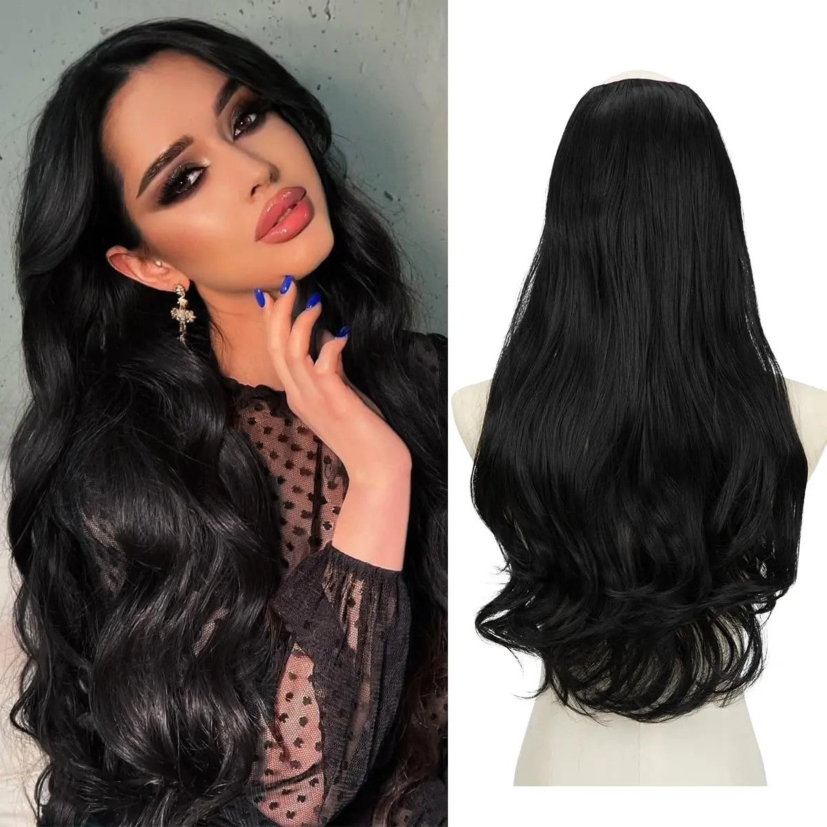 SARLA Clip in U Part Hair Extensions Synthetic Long Wavy Curly 24 Inch | Thick Full Head Hairpiece for Women - main product image