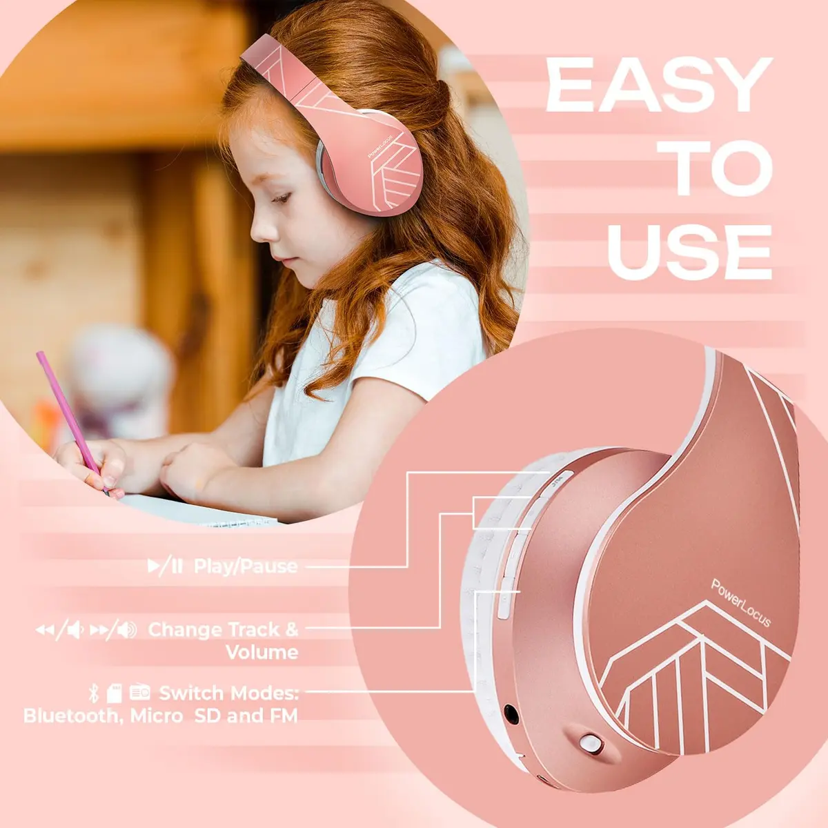 PowerLocus Kids Over-Ear Bluetooth Headphones | Safe 85DB Volume, 15H Play, Foldable, Micro SD Mode - view 4