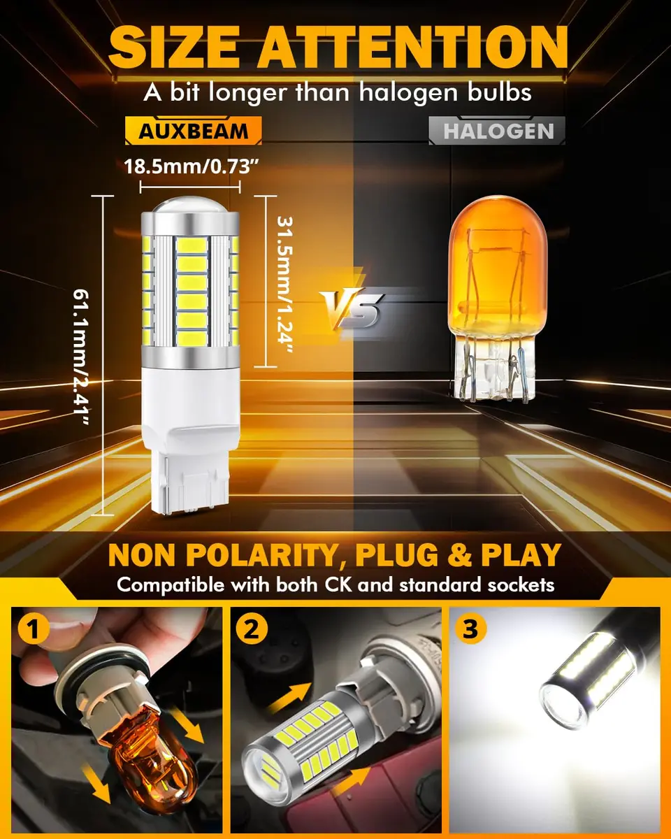 Auxbeam 7440 LED Bulbs for Backup Reverse Lights | Super Bright 6500K White 58mm x 18mm | 33W, 4000 Lumens, 12V, Pack of 2 - view 2