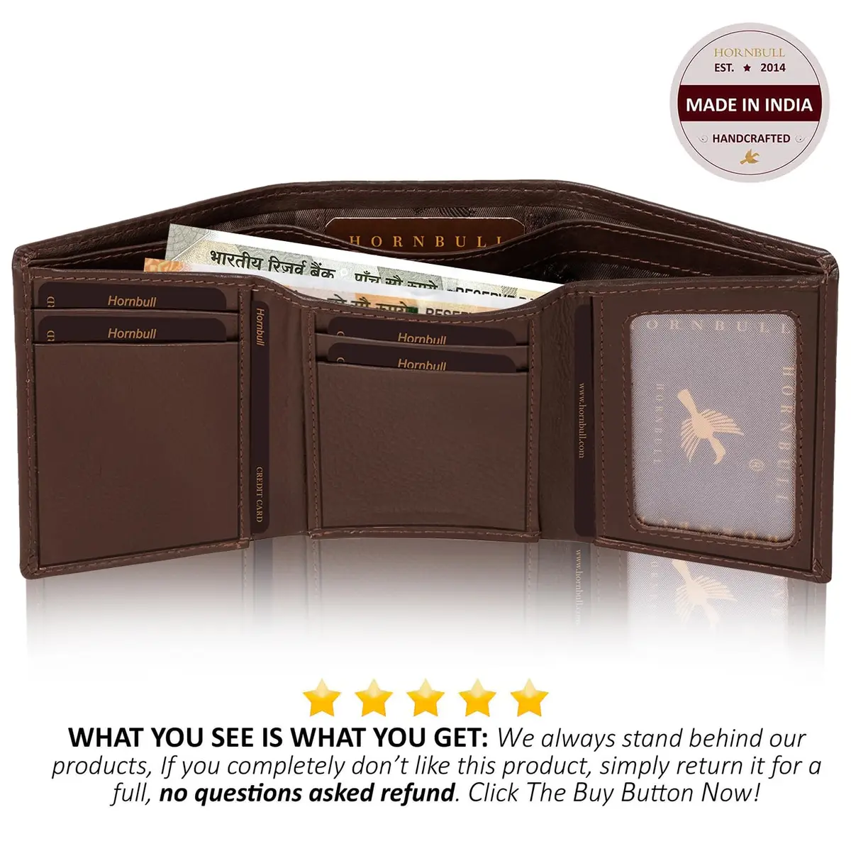 HORNBULL Trifold Leather Wallet for Men - Premium Top Grain Leather, Casual Style, 2 Compartments, 5 Card Slots, Brown | RFID Protected - view 3