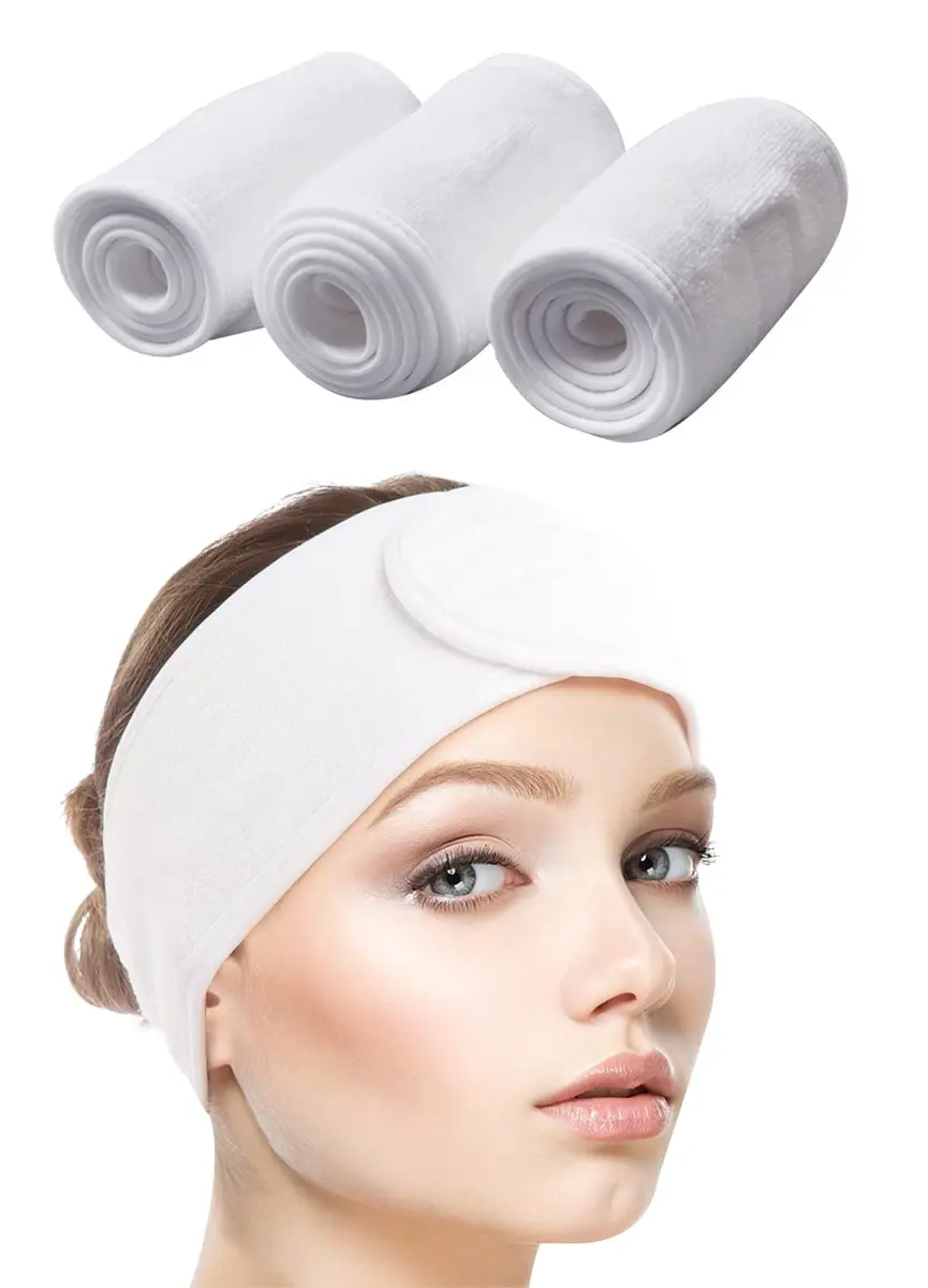 SINLAND Adjustable Microfiber Facial Headband 3 Pack White | Soft & Washable for Spa & Makeup - main product image