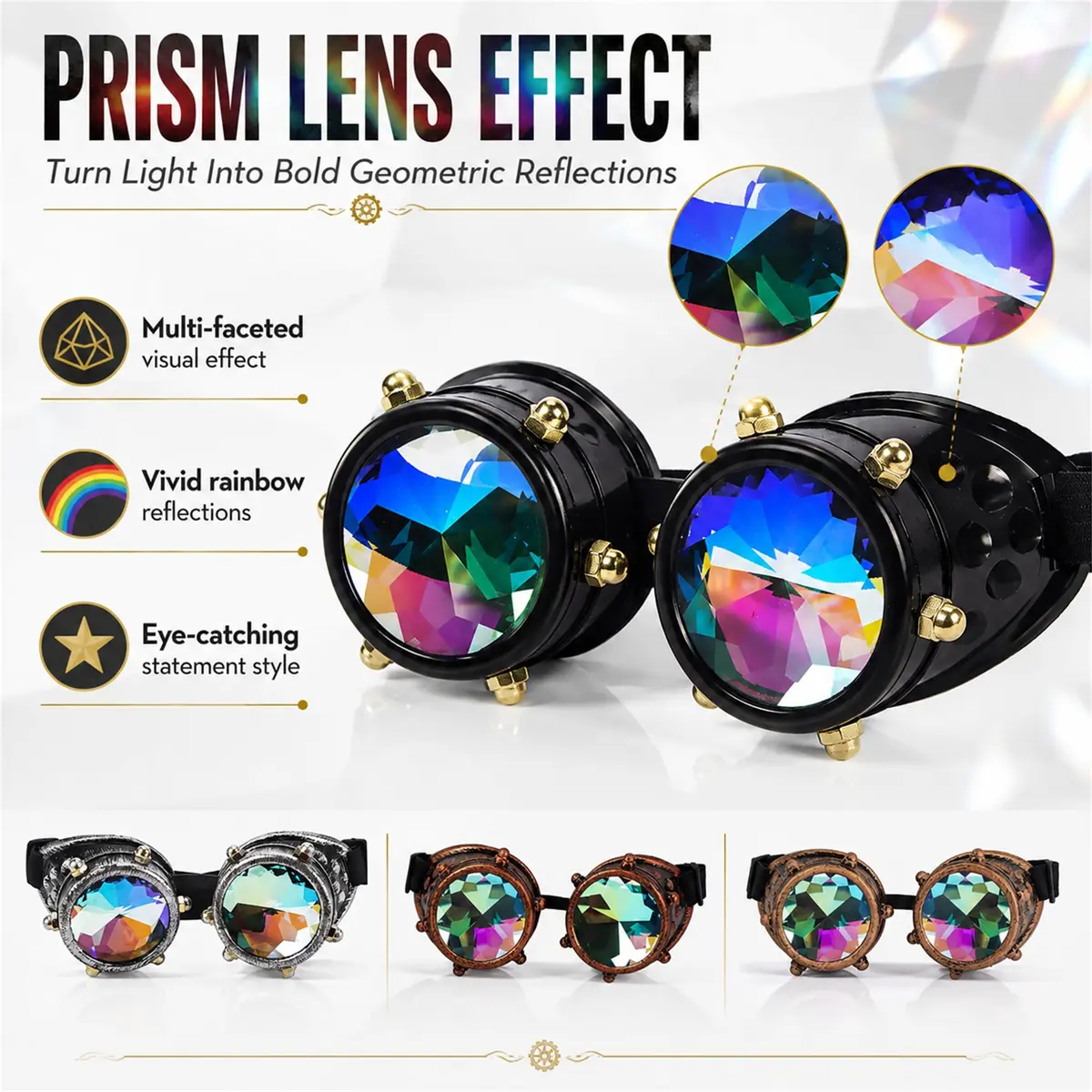 Lelinta Kaleidoscope Spiked Goggles with Adjustable Straps | Rainbow Crystal Lenses, Perfect for Raves, Costume Parties - view 7