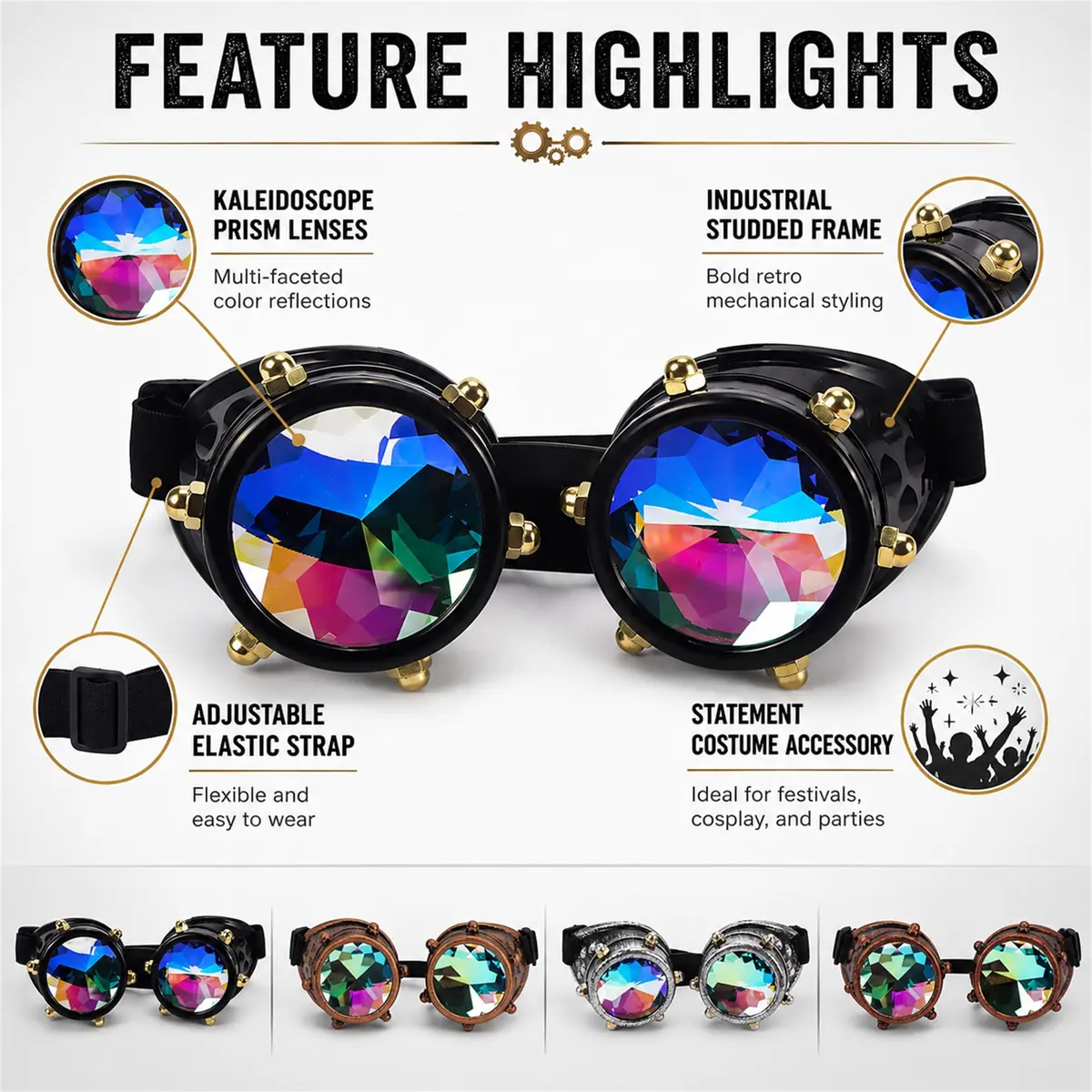 Lelinta Kaleidoscope Spiked Goggles with Adjustable Straps | Rainbow Crystal Lenses, Perfect for Raves, Costume Parties - view 8