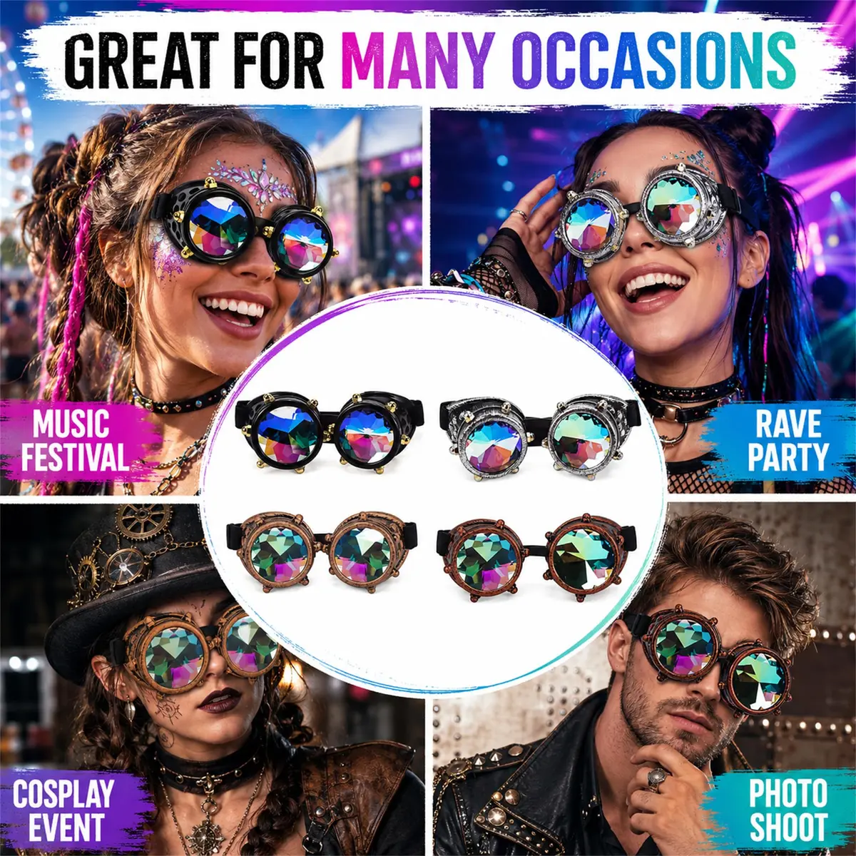 Lelinta Kaleidoscope Spiked Goggles with Adjustable Straps | Rainbow Crystal Lenses, Perfect for Raves, Costume Parties - view 2