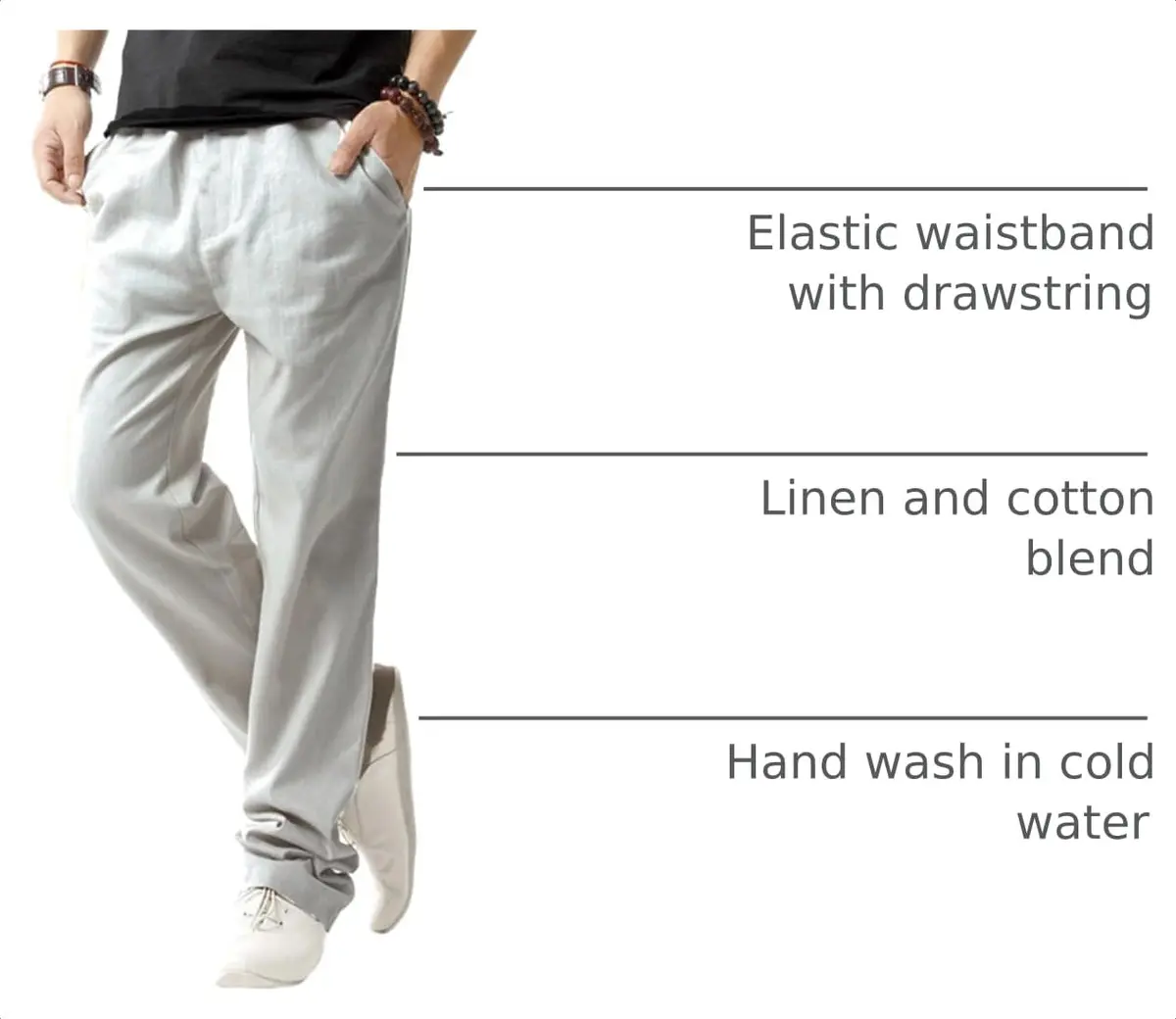 SIR7 Men's Linen Casual Lightweight Drawstring Elastic Waist Summer Beach Pants Light Grey | Breathable, Durable & Imported - view 4