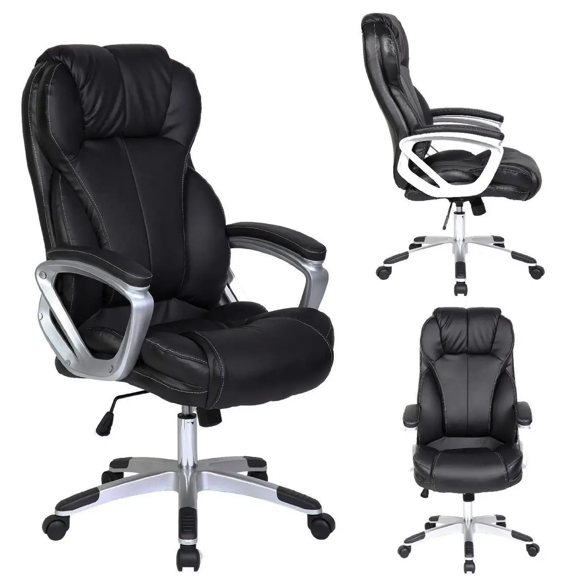 2xhome Modern High Back Tall Ribbed PU Leather Swivel Chair 28in Nylon Base | Executive Office Desk - main product image