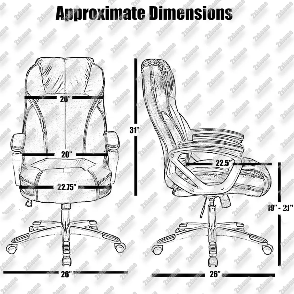2xhome Modern High Back Tall Ribbed PU Leather Swivel Chair 28in Nylon Base | Executive Office Desk - view 2