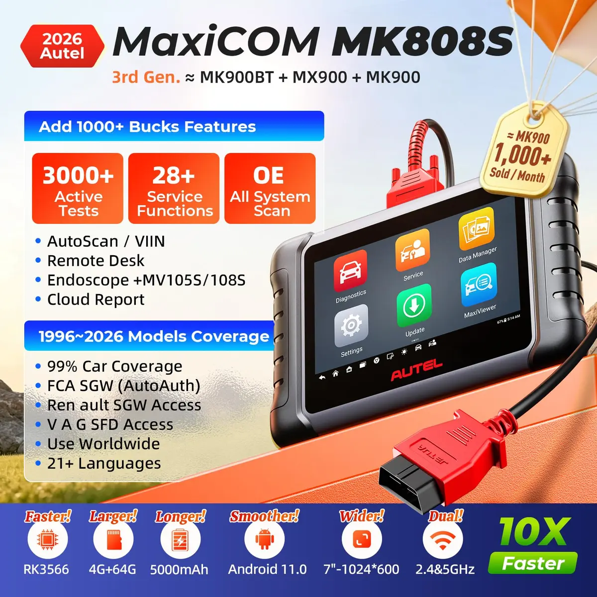 Autel MaxiCOM MK808S OBD2 Scanner | All Systems Diagnose, 28+ Services, 3000+ Active Tests, FCA & SGW Access - view 2