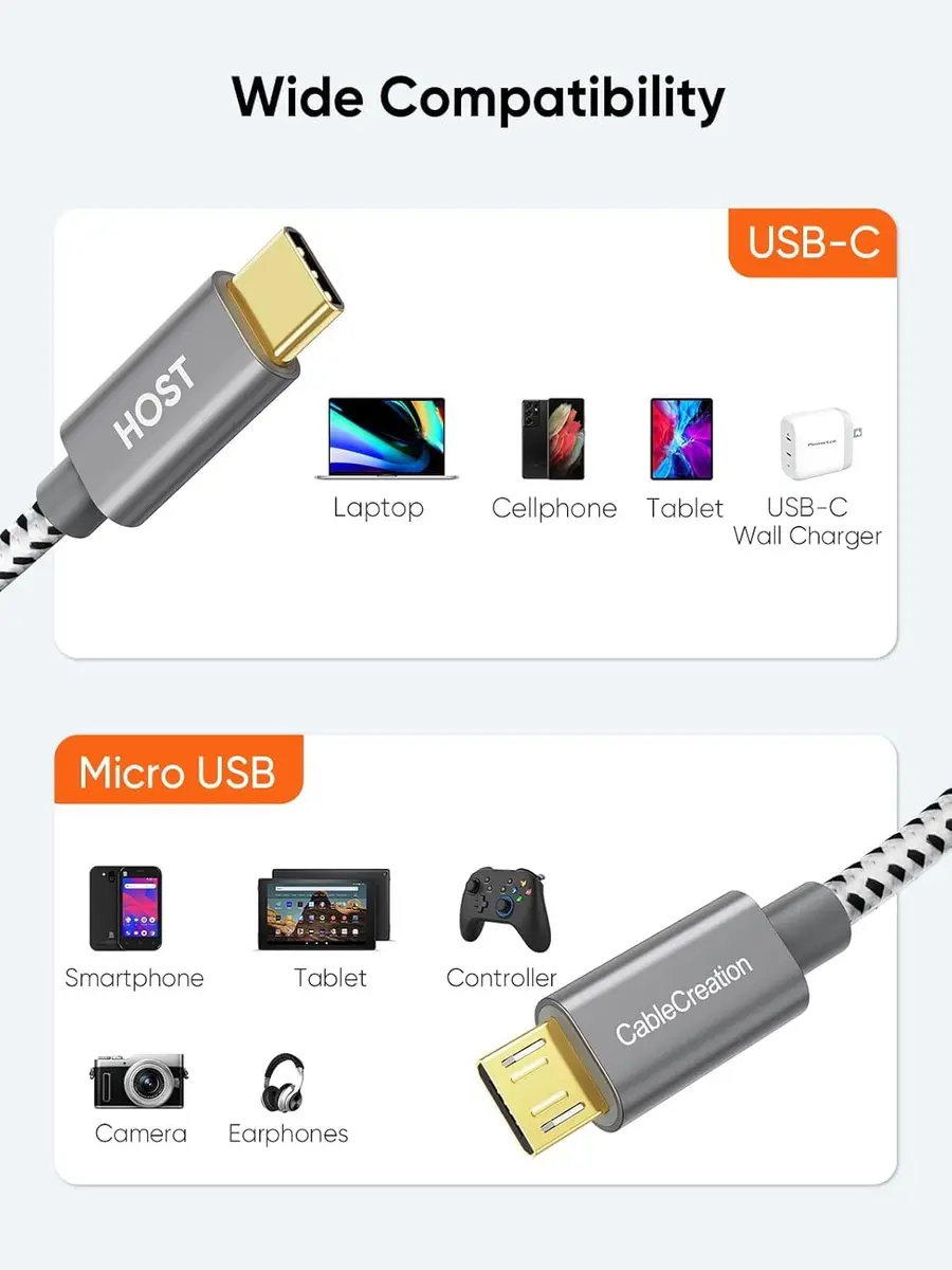 CableCreation Short Braided USB C to Micro USB Cable 0.2M (0.65 FT) | 480Mbps Data Transfer - view 3