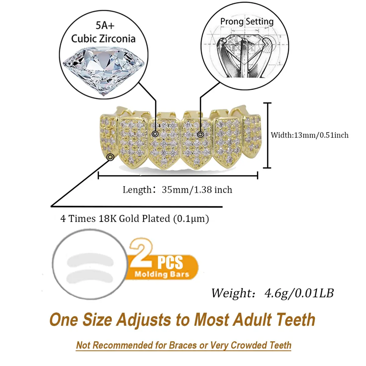 TOPGRILLZ Vampire Fangs Grillz for Teeth - 18K Gold Plated CZ Bottom Grillz with Molding Bars | 6 Teeth - view 2