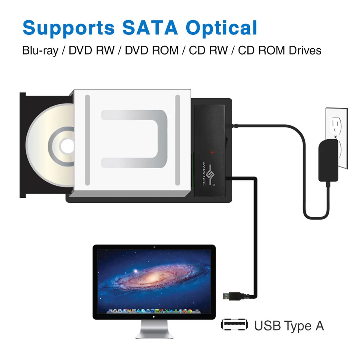 Vantec NexStar USB 3.0 to SATA 6Gbps Optical/Storage Adapter, Black | 100W Charging & 40Gbps Data Transfer - view 3