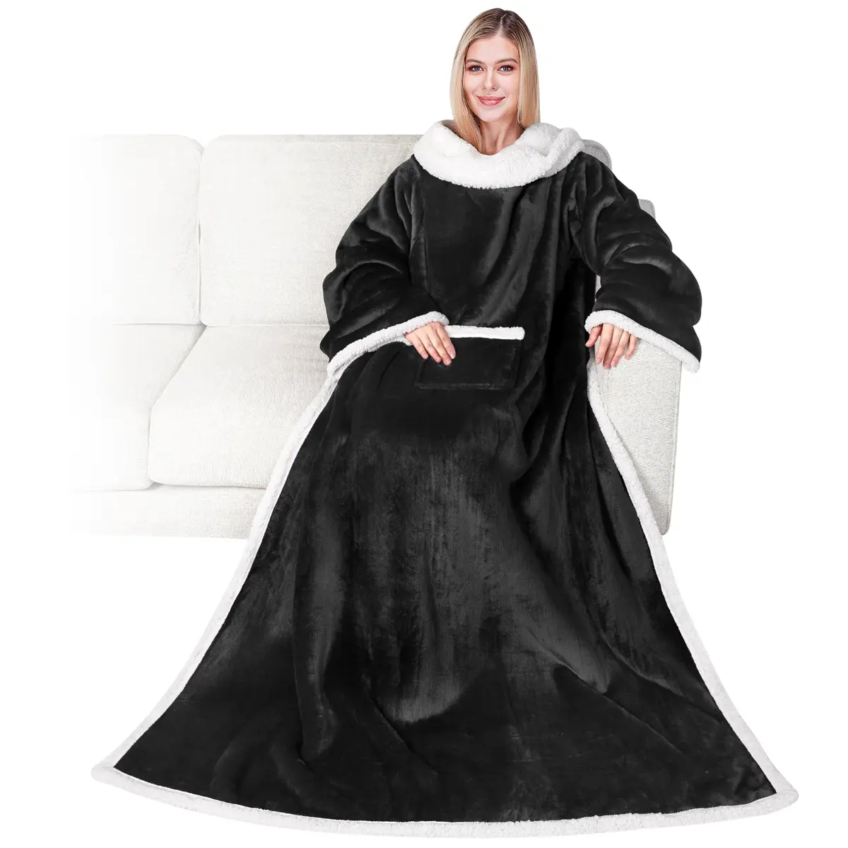 PAVILIA Wearable Blanket with Sleeves & Pocket for Women & Men, Soft Fleece Snuggle Throw with Sherpa Trim, Cozy TV Couch Robe, Black 178cm (70") | Keeps Hands Free for Work or Play - main product image