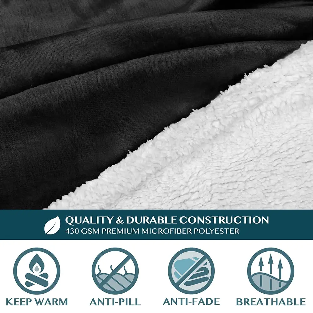 PAVILIA Wearable Blanket with Sleeves & Pocket for Women & Men, Soft Fleece Snuggle Throw with Sherpa Trim, Cozy TV Couch Robe, Black 178cm (70") | Keeps Hands Free for Work or Play - view 8