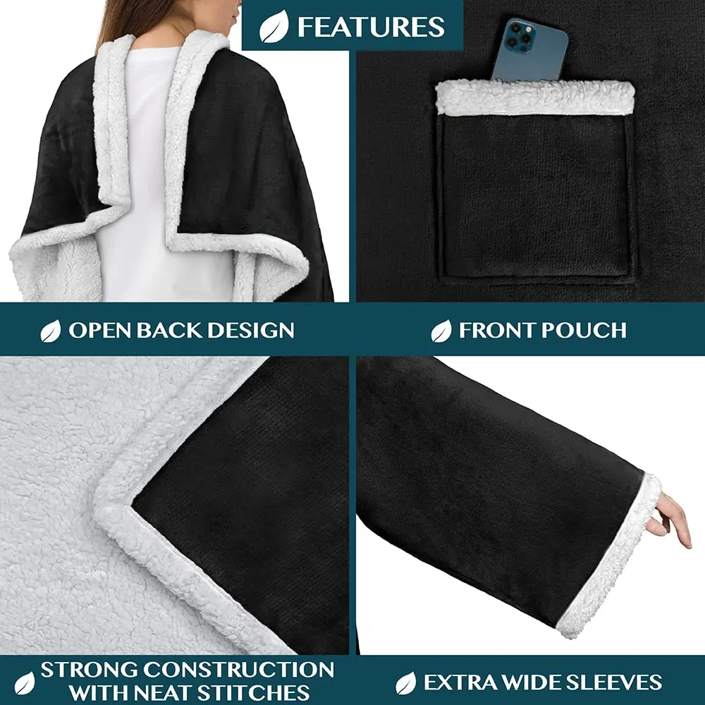 PAVILIA Wearable Blanket with Sleeves & Pocket for Women & Men, Soft Fleece Snuggle Throw with Sherpa Trim, Cozy TV Couch Robe, Black 178cm (70") | Keeps Hands Free for Work or Play - view 3