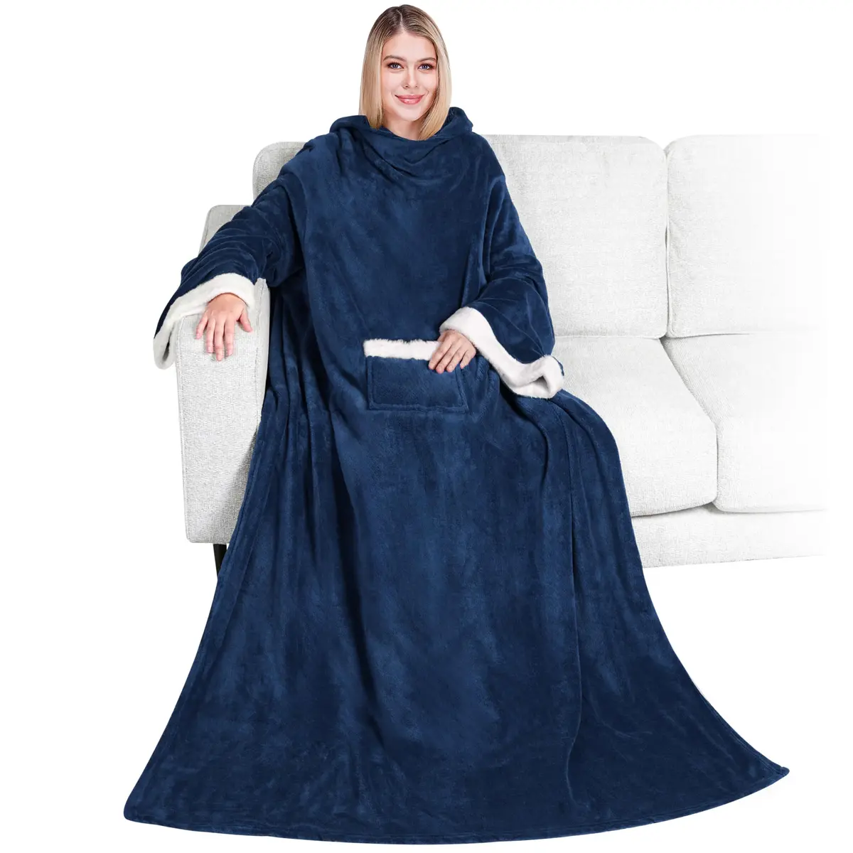 PAVILIA Wearable Blanket with Sleeves & Pocket | Cozy Fleece Snuggle Throw for Women & Men, Navy Blue - main product image