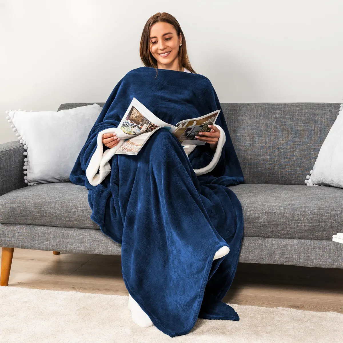 PAVILIA Wearable Blanket with Sleeves & Pocket | Cozy Fleece Snuggle Throw for Women & Men, Navy Blue - view 7