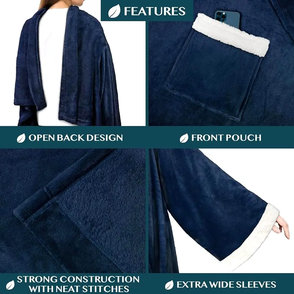 PAVILIA Wearable Blanket with Sleeves & Pocket | Cozy Fleece Snuggle Throw for Women & Men, Navy Blue - view 2