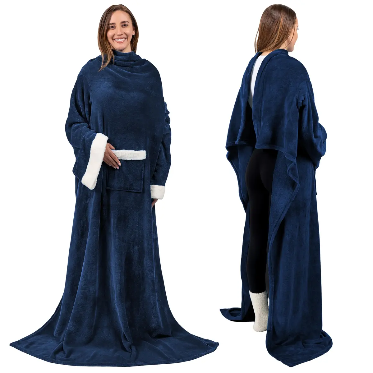 PAVILIA Wearable Blanket with Sleeves & Pocket | Cozy Fleece Snuggle Throw for Women & Men, Navy Blue - view 3