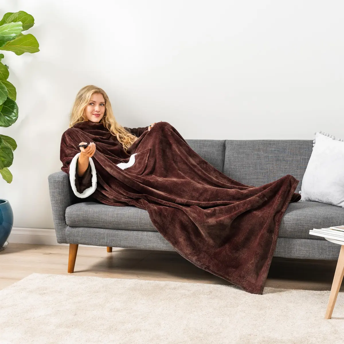 PAVILIA Wearable Blanket with Sleeves & Pocket | Cozy Fleece Snuggle Throw for Adults (70" x 50") - view 5