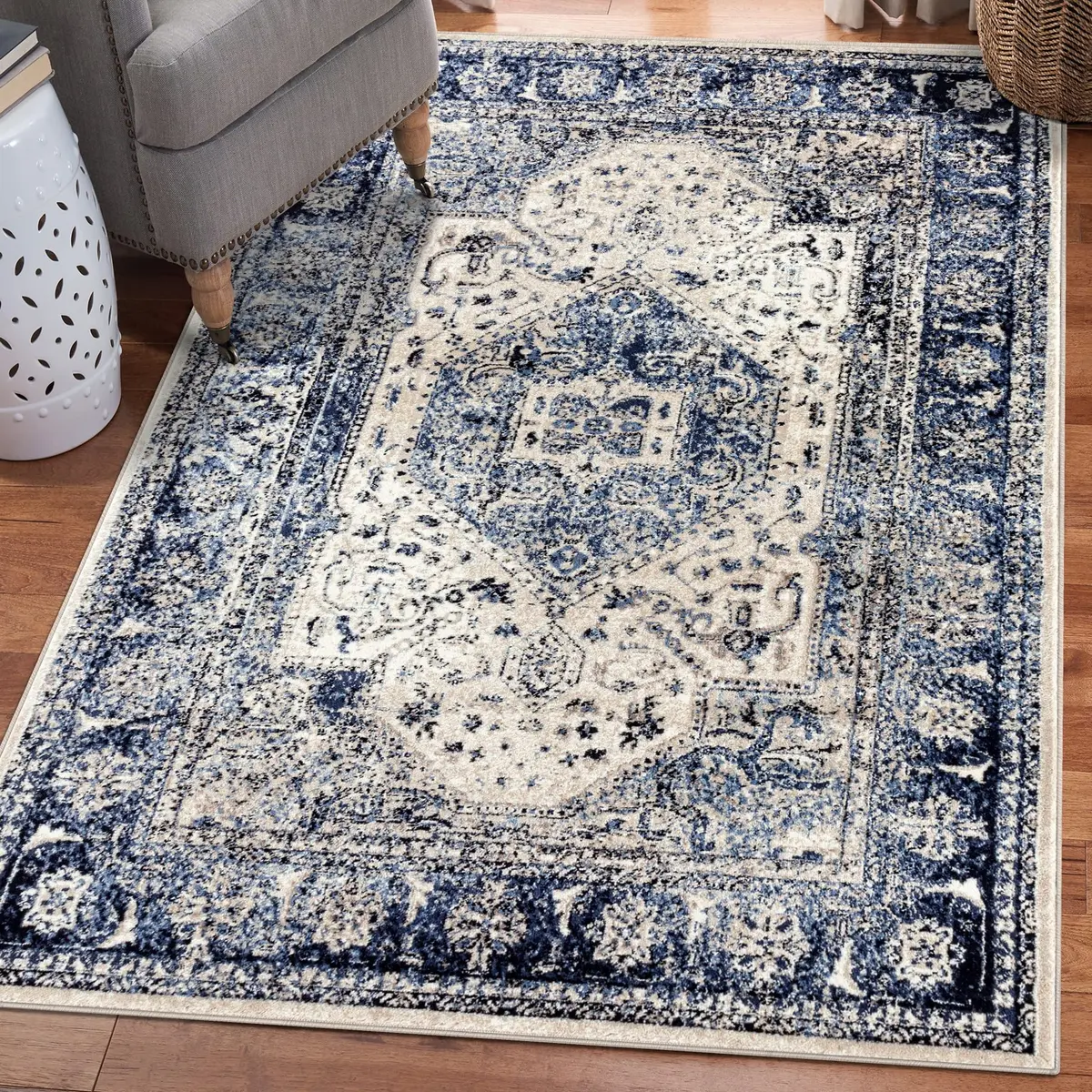 Persian Rug Co. Distressed French Country Area Rug Ivory 5x7 | Traditional Oriental Pattern with Soft Polypropylene (70-120 chars) - main product image