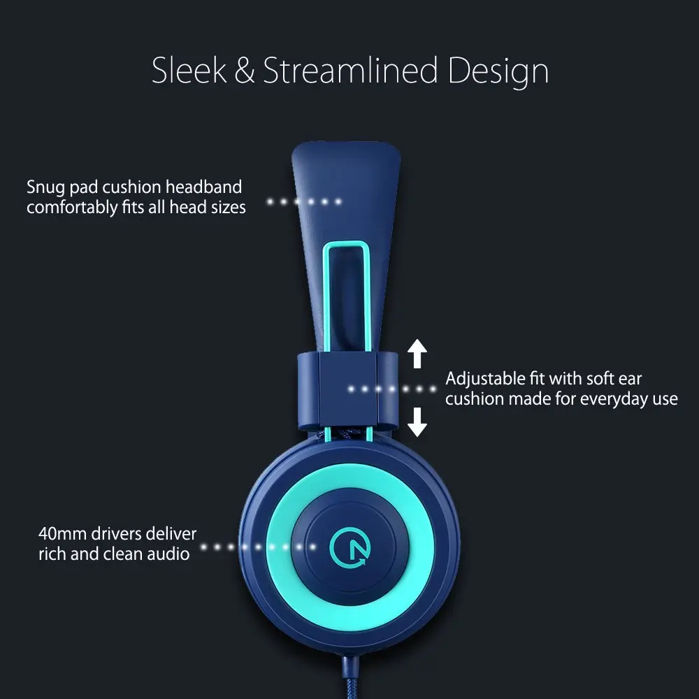 noot products K11 Kids Headphones with Wired Cord 3.5mm Jack Navy/Teal | Adjustable, Foldable, Tangle-Free for Kids 3+ - view 2