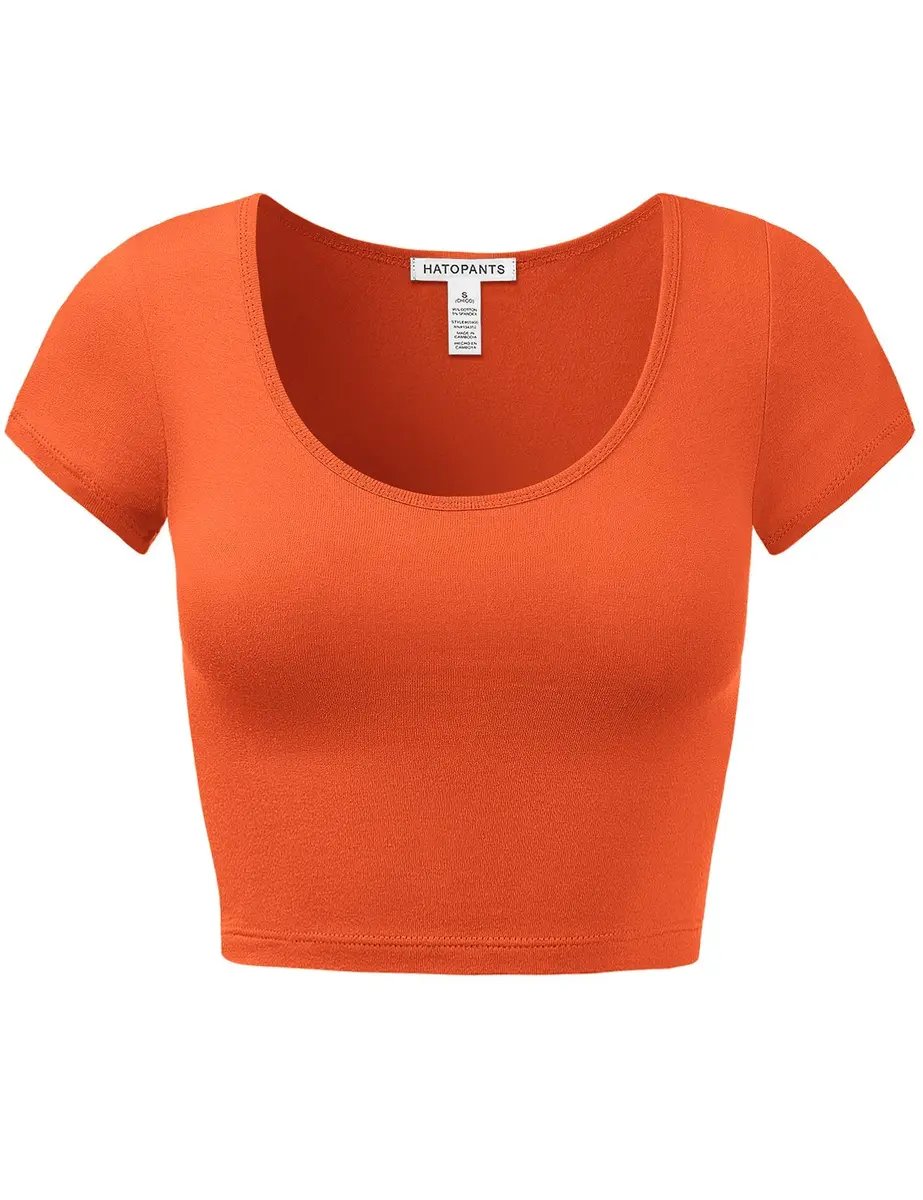 HATOPANTS Women's Crop Tops Short Sleeve Scoop Neck Stretchy Casual Shirt Orange S | Flattering Fit & Breathable Cotton - main product image
