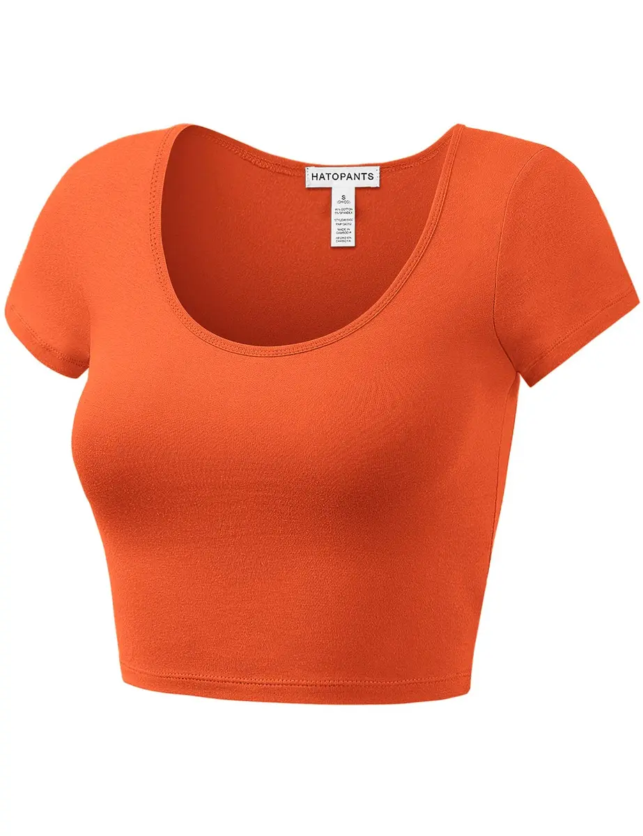 HATOPANTS Women's Crop Tops Short Sleeve Scoop Neck Stretchy Casual Shirt Orange S | Flattering Fit & Breathable Cotton - view 5