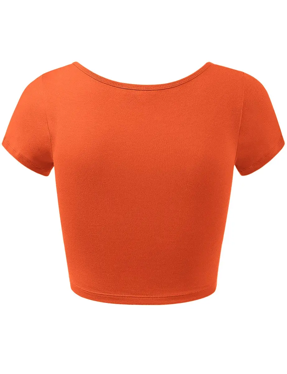 HATOPANTS Women's Crop Tops Short Sleeve Scoop Neck Stretchy Casual Shirt Orange S | Flattering Fit & Breathable Cotton - view 6