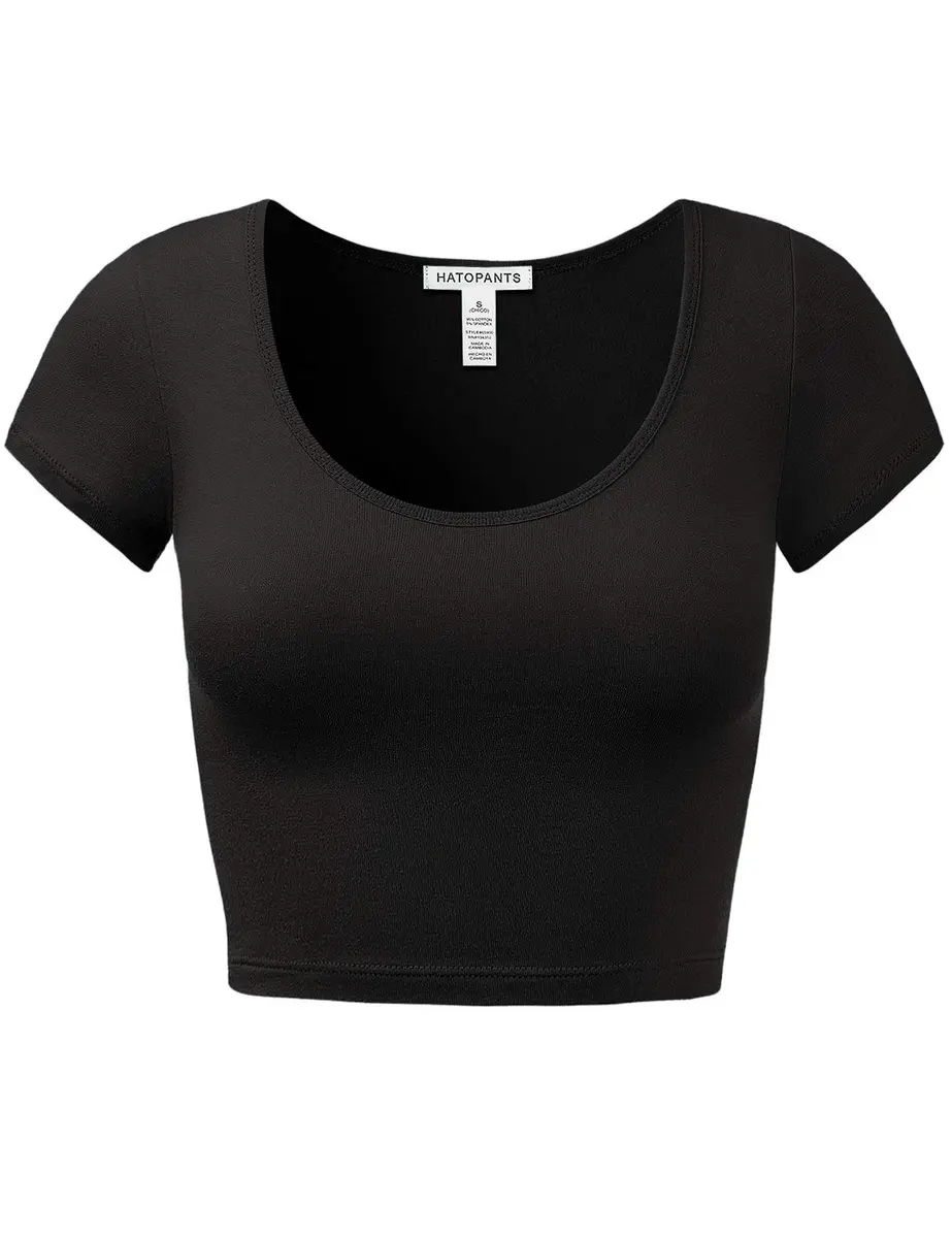 HATOPANTS Women's Crop Tops Short Sleeve Scoop Neck Stretchy Casual Shirt Black L | Flattering Fit & Breathable Comfort - main product image