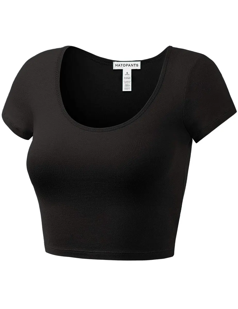 HATOPANTS Women's Crop Tops Short Sleeve Scoop Neck Stretchy Casual Shirt Black L | Flattering Fit & Breathable Comfort - view 5
