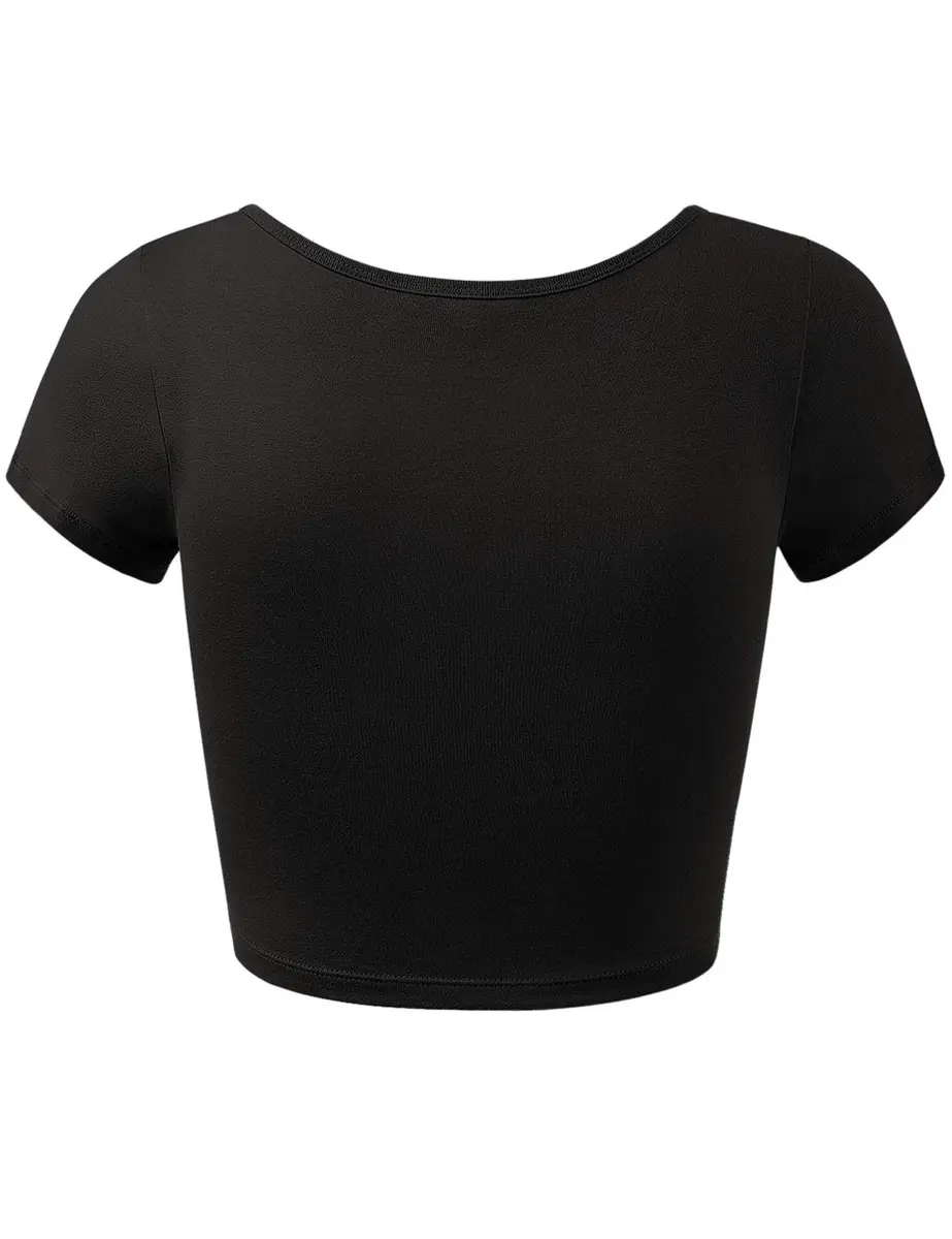 HATOPANTS Women's Crop Tops Short Sleeve Scoop Neck Stretchy Casual Shirt Black L | Flattering Fit & Breathable Comfort - view 6