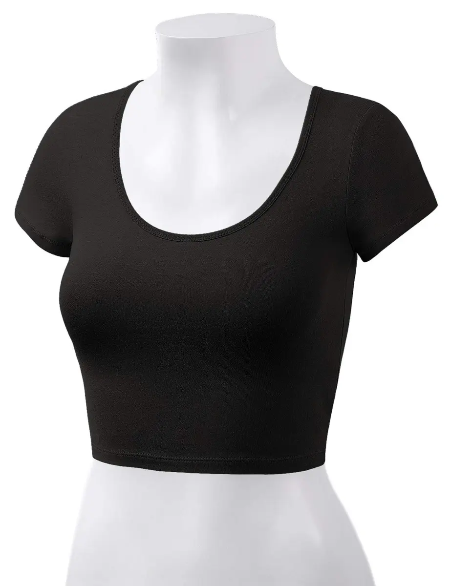 HATOPANTS Women's Crop Tops Short Sleeve Scoop Neck Stretchy Casual Shirt Black L | Flattering Fit & Breathable Comfort - view 7