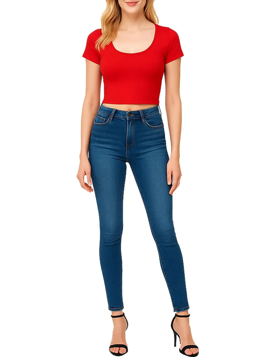 HATOPANTS Women's Crop Tops Short Sleeve Scoop Neck Stretchy Casual Shirt Black L | Flattering Fit & Breathable Comfort - view 2