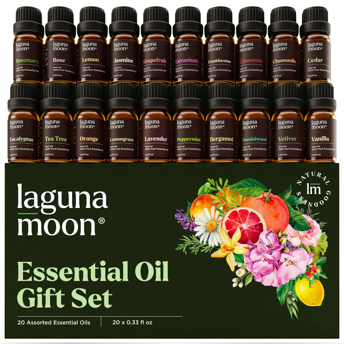 Lagunamoon Essential Oils Set, Top 20 Gift Set Oils for Diffusers, Humidifiers, Aromatherapy, Candle Making Scents, Cars & Home Products, Peppermint, Tea Tree, Lavender, Eucalyptus, Lemongrass (10mL) - main product image