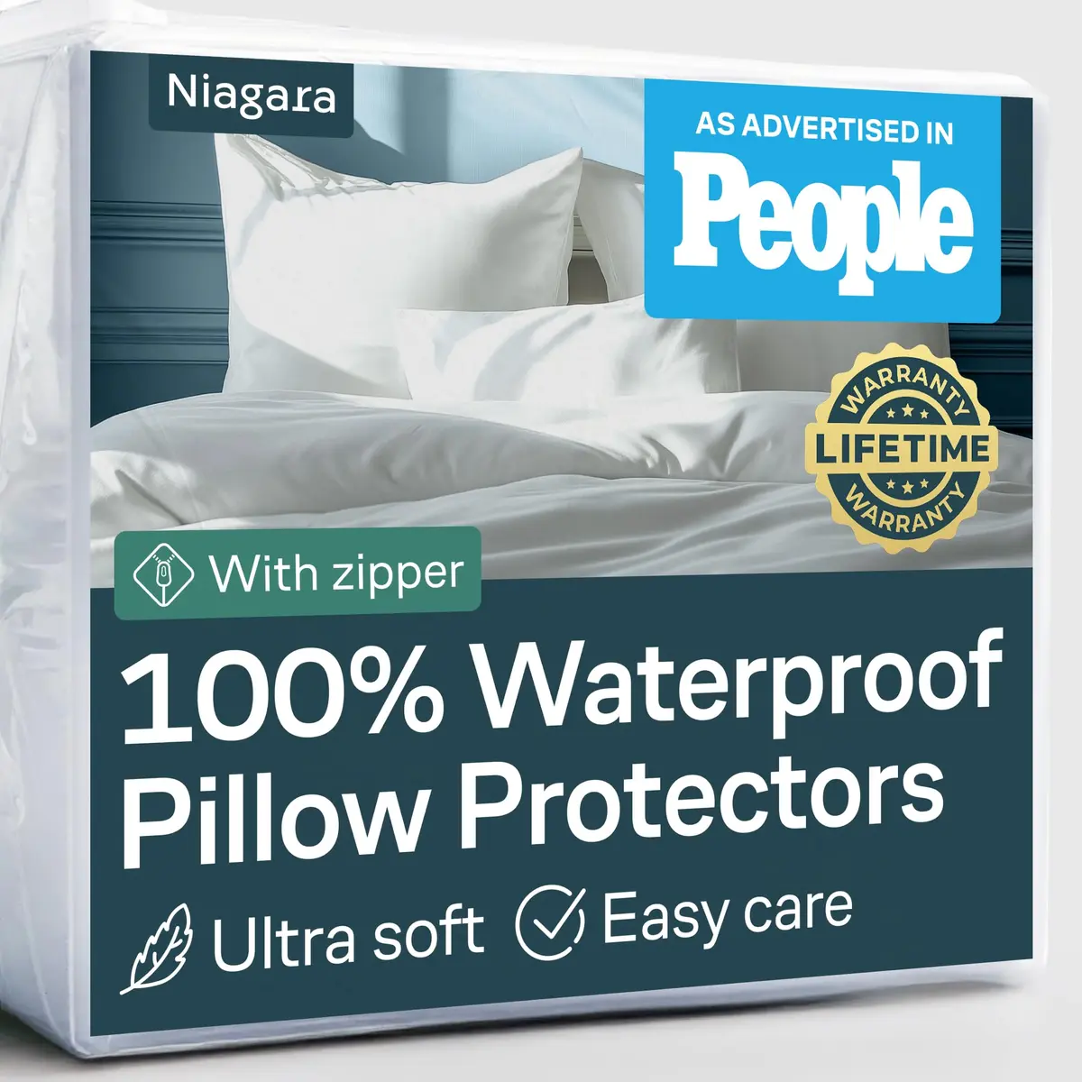 Niagara Waterproof Pillow Protectors - 4 Pack - Standard Size - White | 100% Waterproof, Zippered, Breathable - main product image