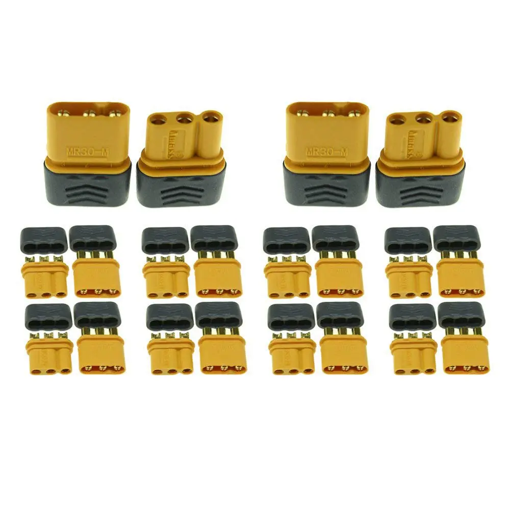 SoloGood 10 Pairs Amass MR30 Male Female Connector for RC Multicopter Airplane | Brass, Gold Plated, 30A - main product image