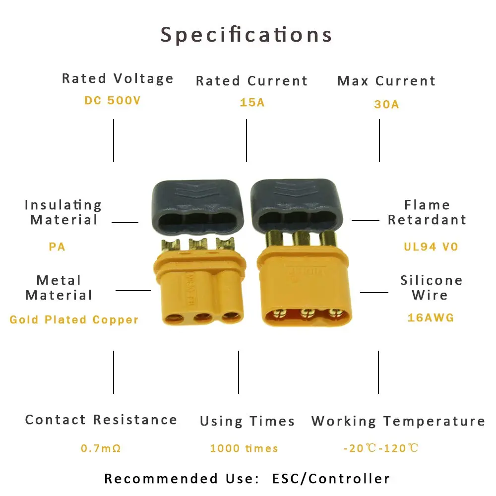 SoloGood 10 Pairs Amass MR30 Male Female Connector for RC Multicopter Airplane | Brass, Gold Plated, 30A - view 2