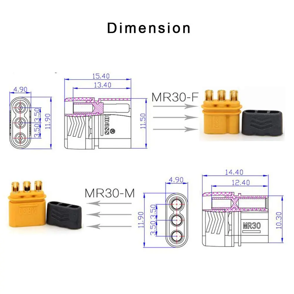 SoloGood 10 Pairs Amass MR30 Male Female Connector for RC Multicopter Airplane | Brass, Gold Plated, 30A - view 3