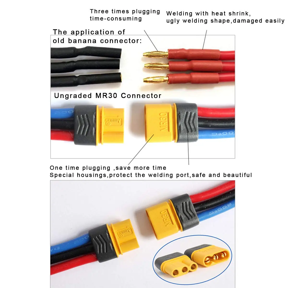 SoloGood 10 Pairs Amass MR30 Male Female Connector for RC Multicopter Airplane | Brass, Gold Plated, 30A - view 4