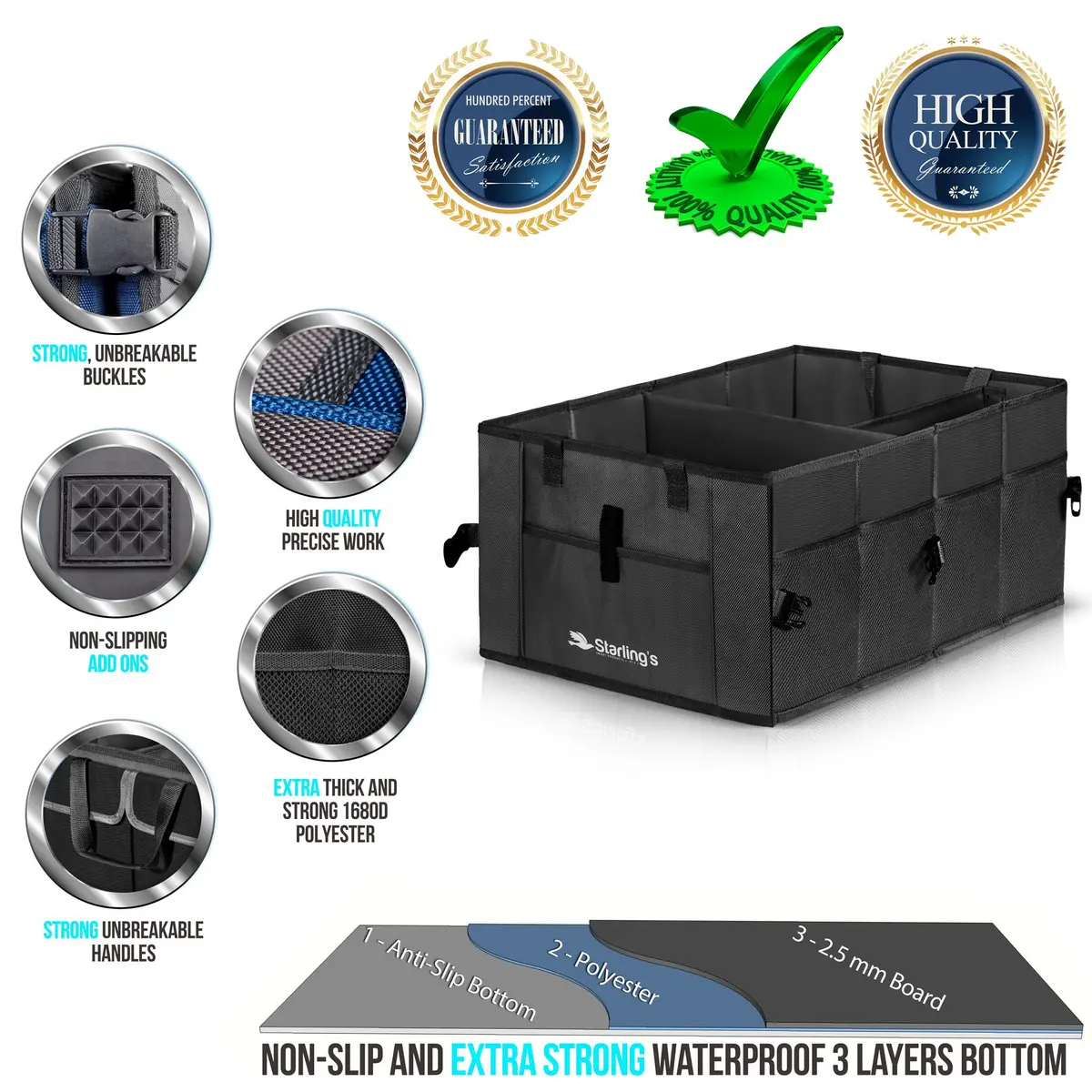 Starling's Car Trunk Organizer Large Collapsible Waterproof Storage Box | Adjustable Compartments for SUV & Truck - view 2