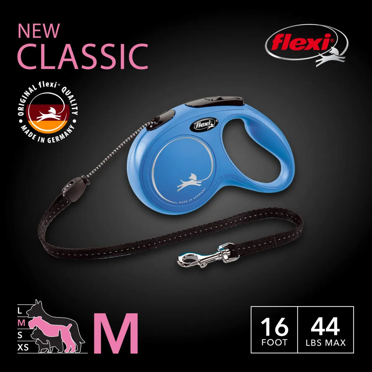 FLEXI Classic Cord Retractable Dog Leash Medium 16 ft Blue | German Engineered Durable Quality for Dogs up to 44 lbs - view 2