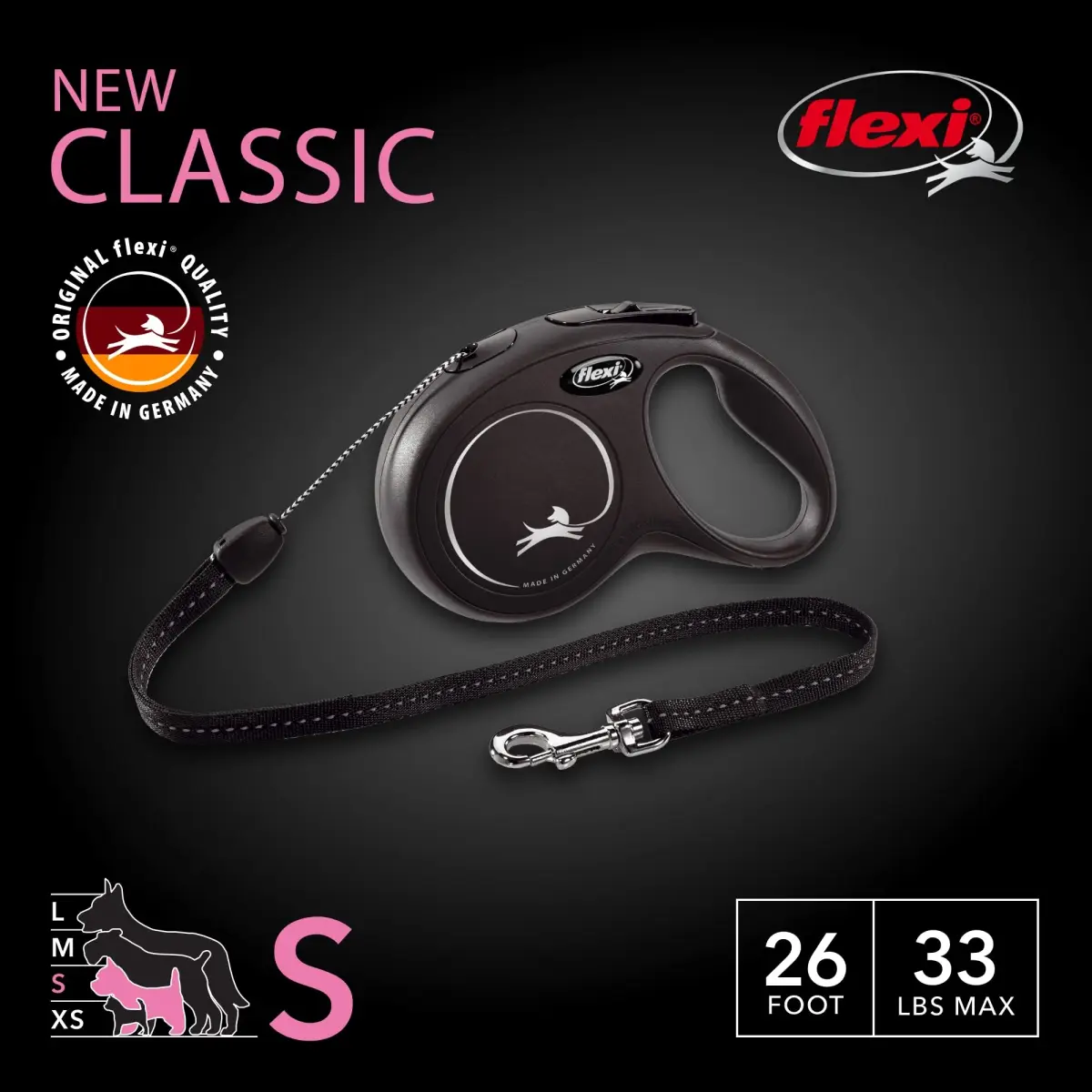 FLEXI Classic Cord Retractable Dog Leash Small 26 ft (7.9 m) Black | German Engineered for Reliable Control - view 2