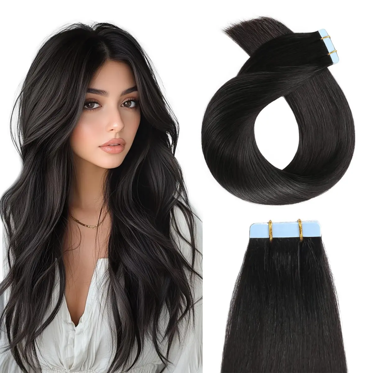 YILITE Human Hair Tape In Extensions 16 Inch Natural Black | Silky Straight, Reusable & Easy to Style - main product image