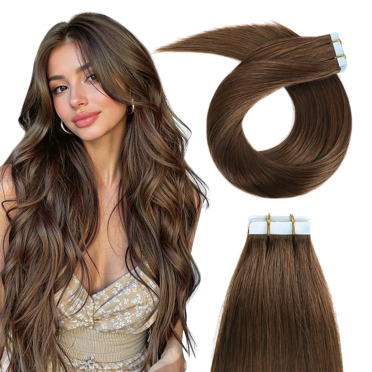 YILITE Tape In Hair Extensions Human Hair Medium Brown 20 Inch | Silky Straight, Reusable & Easy to Style - main product image