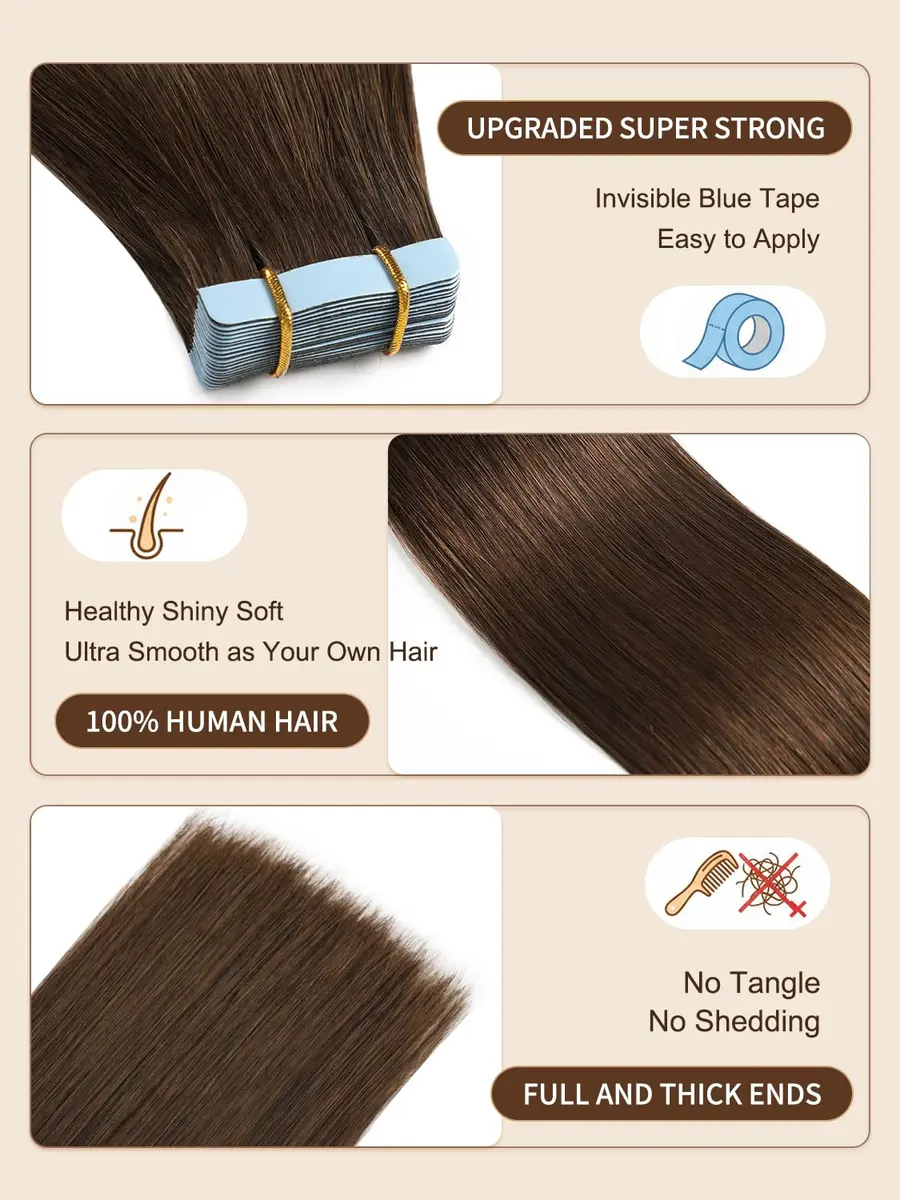 YILITE Tape In Hair Extensions Human Hair Medium Brown 20 Inch | Silky Straight, Reusable & Easy to Style - view 2