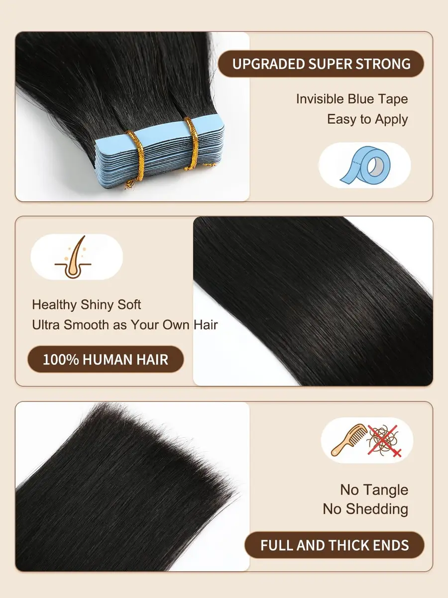 YILITE Tape In Hair Extensions Human Hair 20 Inch Natural Black | Silky Straight, Reusable & Styleable - view 2