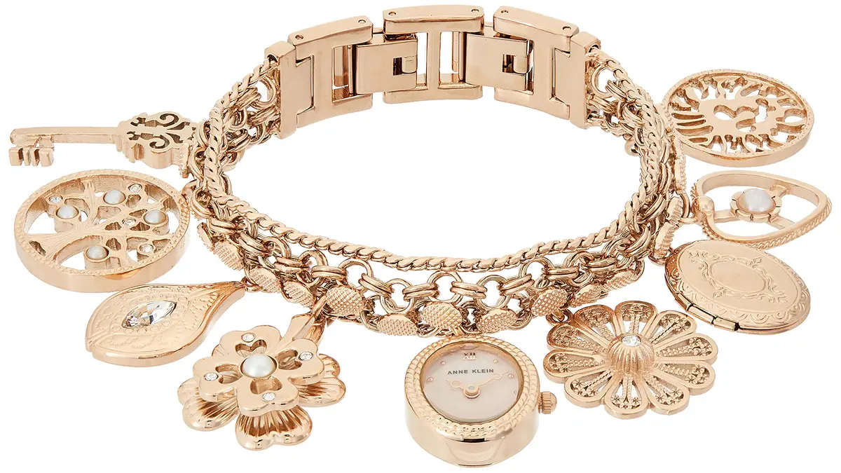 Anne Klein Women's Rose Gold Charm Bracelet Watch 18mm Case | Quartz Movement with Crystal Accents - main product image